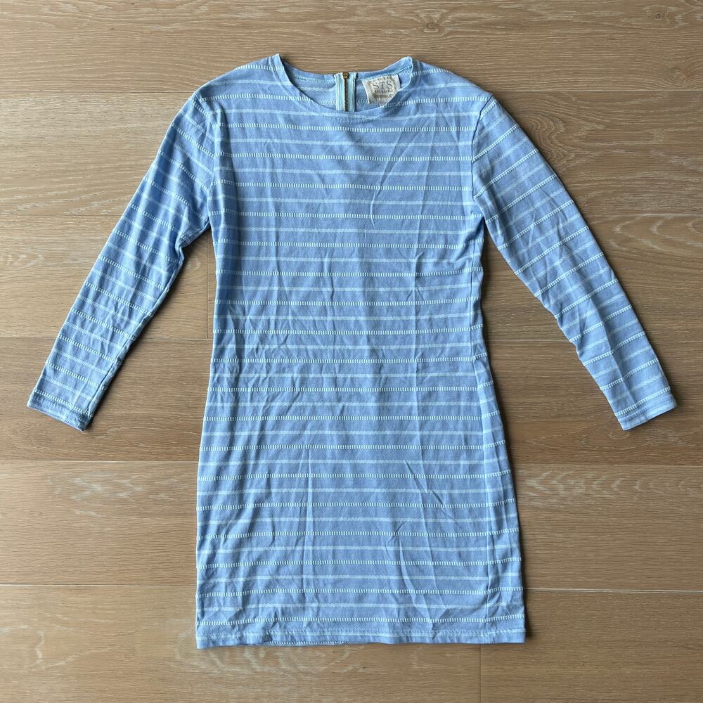 Sail To Sable Long Sleeve Textured Blue Striped Sheath Dress XS